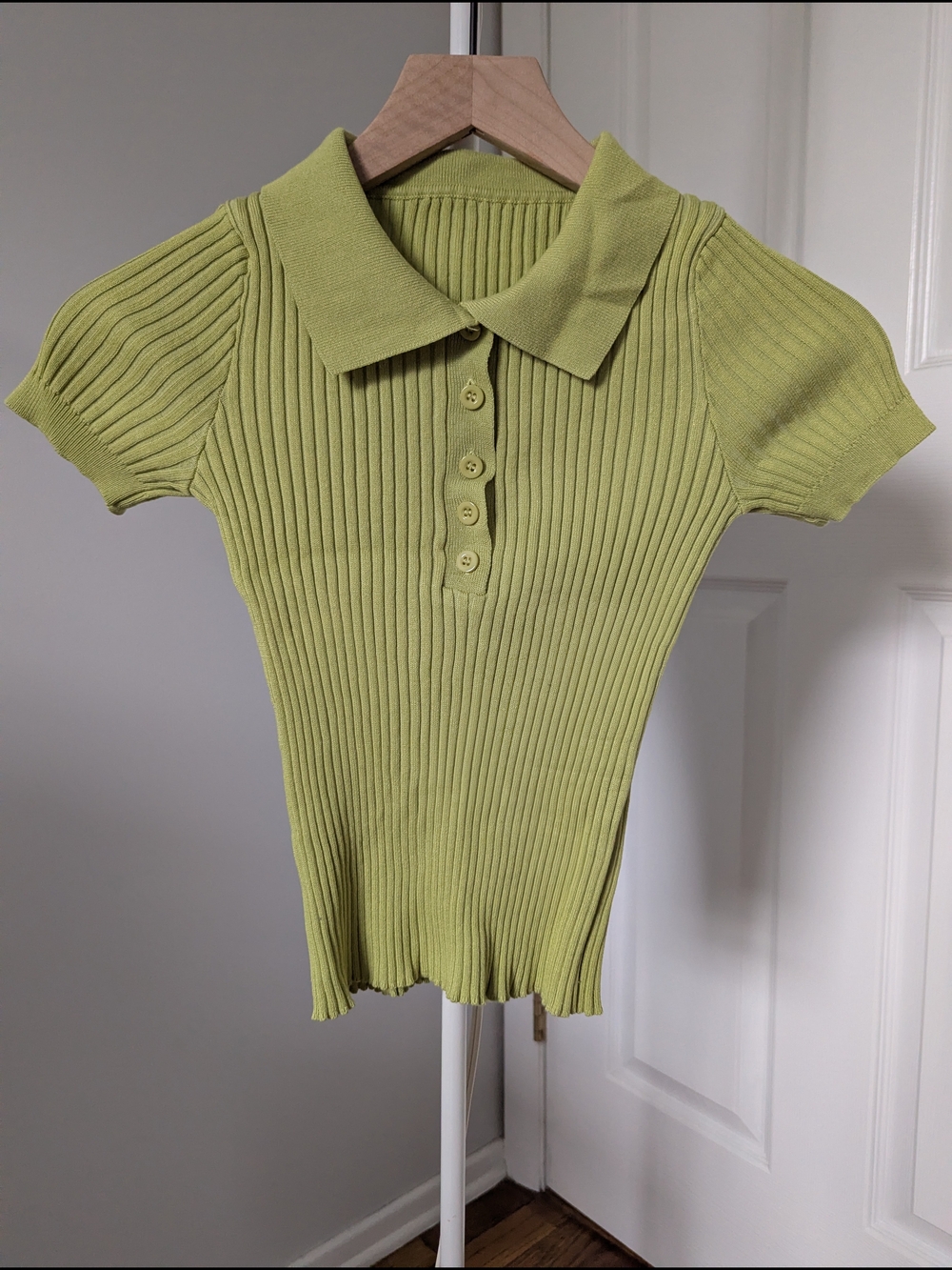 Polo Ribbed Knit Top in Lime Green